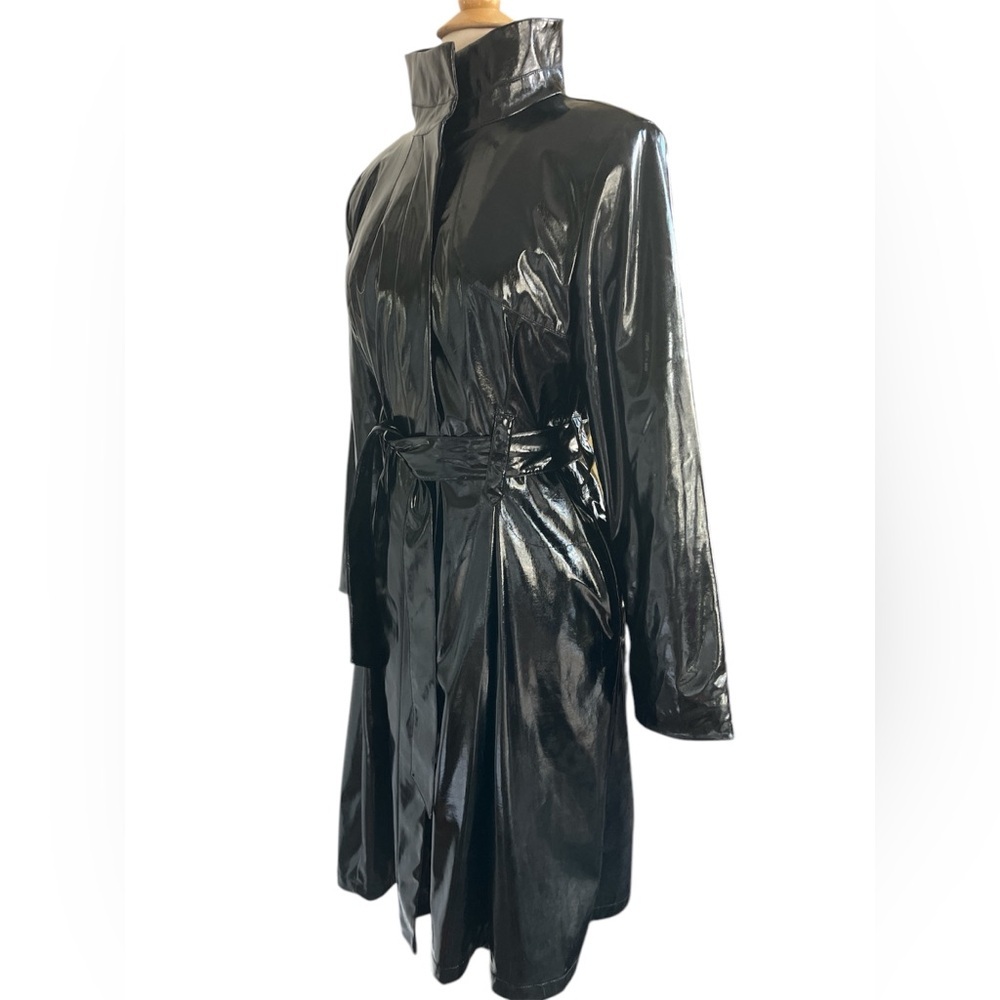 Calvin Klein Black High Shine Patent Faux Leather Trench Coat w/pockets Size M - Picture 6 of 17
